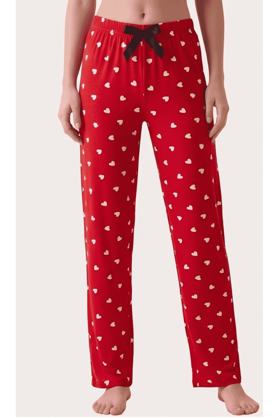 Viskon Kırmızı Kalpli Desenli Kadın Pijama Altı - Tam Boy Görünümü | Linay Butik Kadın Ev Giyimi